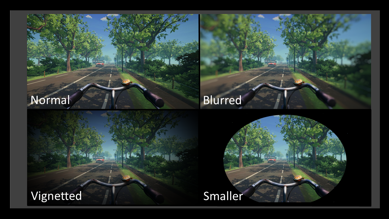 Potential solutions: Smaller FOV (field of view) implementations: smaller, vignette & blur of peripheral vision