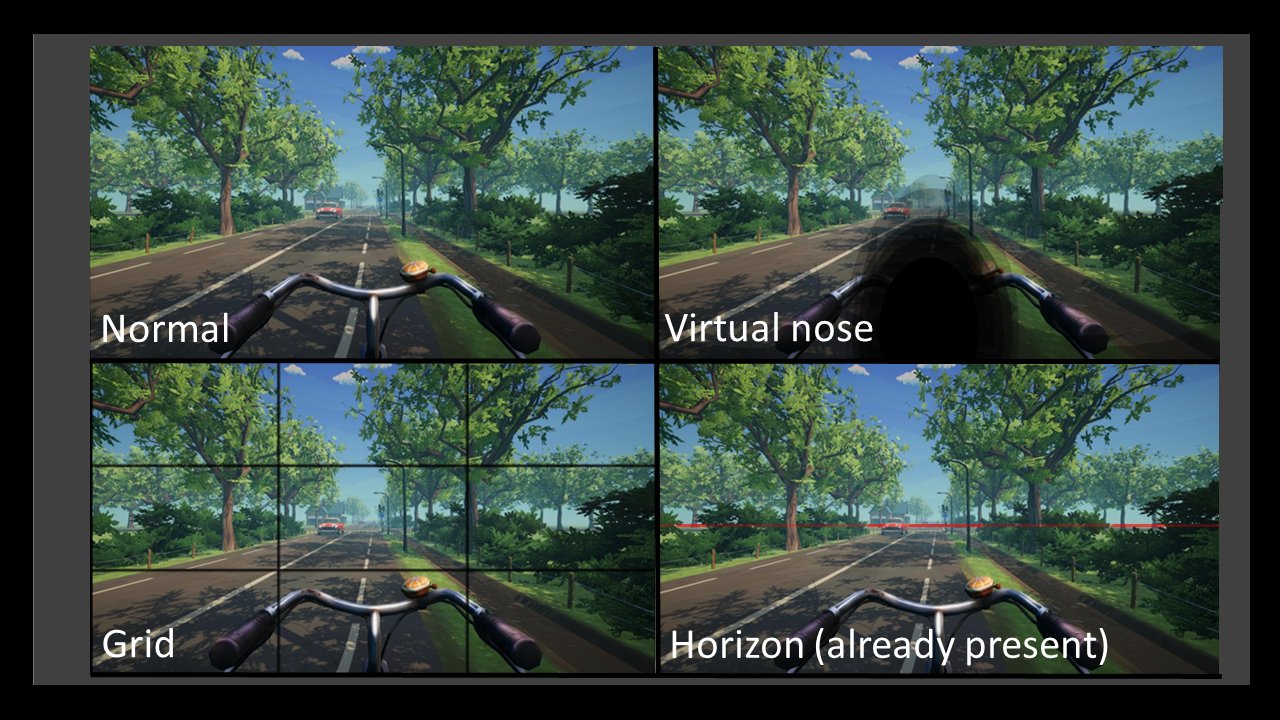 Potential solutions: Point of reference, implementations: Grid overlay, virtual nose & steady, level horizon